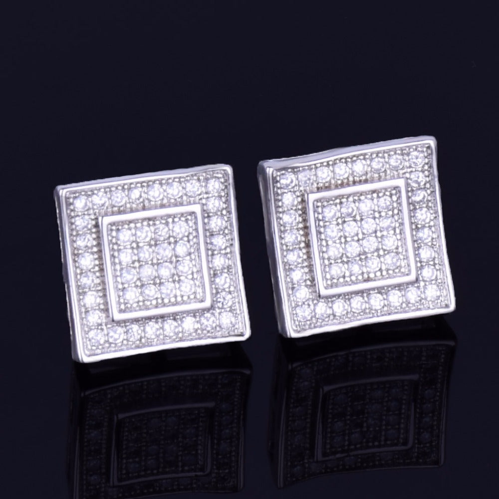 Bling 11mm Iced "Double Square" Stud Earring