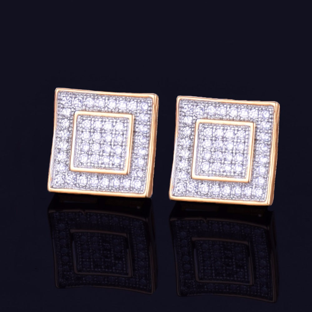 Bling 11mm Iced "Double Square" Stud Earring