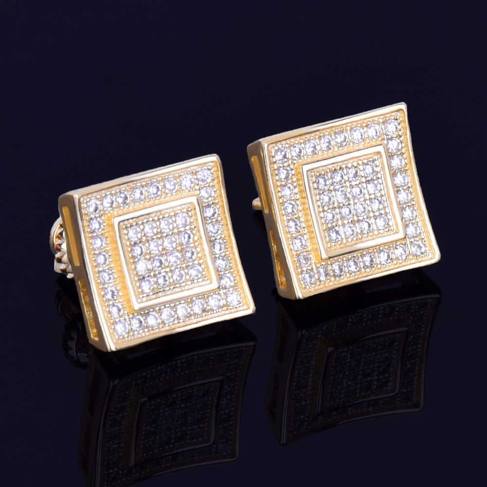 Bling 11mm Iced "Double Square" Stud Earring